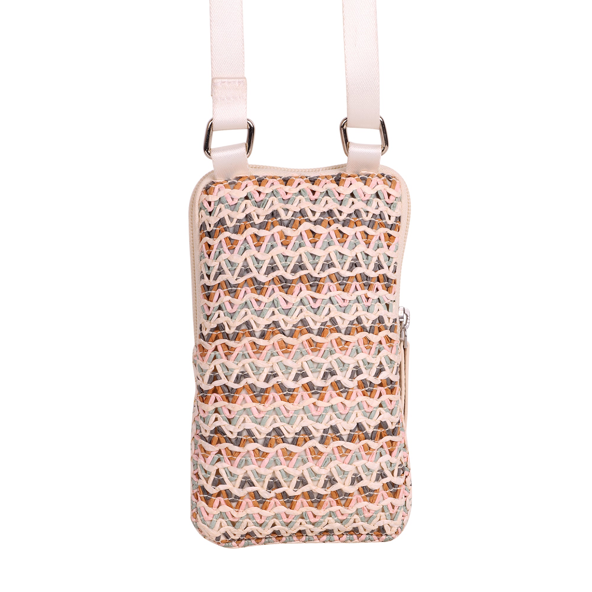 Women's Multi Pink Raffia Mobile Pouch Bag