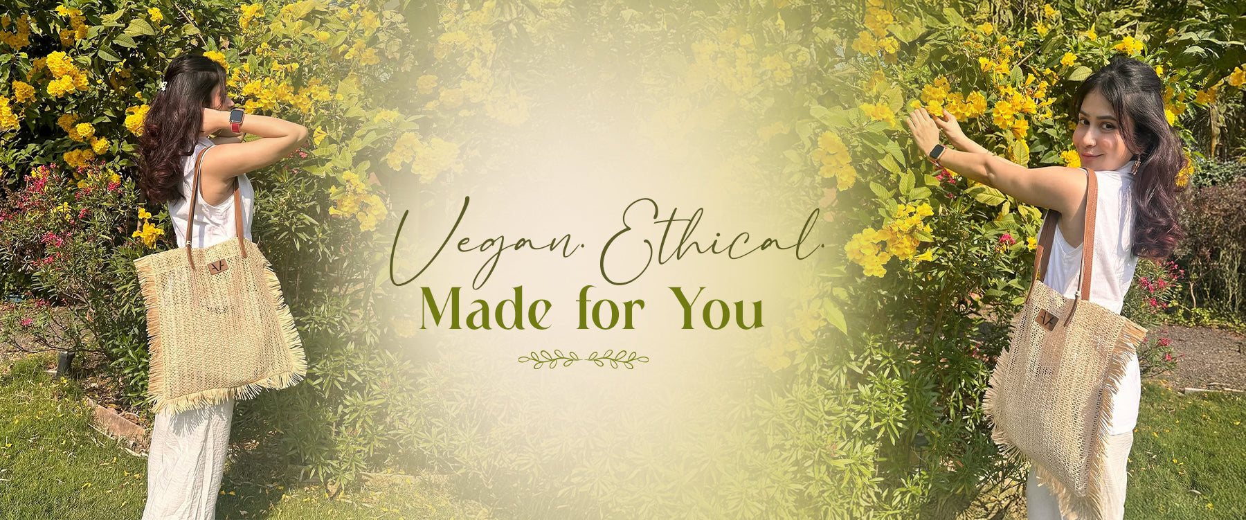 Woman holding a beige tote bag in a garden with 'Vegan Ethical Made for You' text.